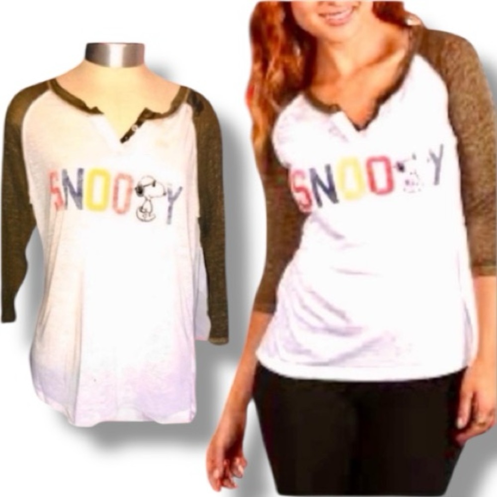 Peanuts Top Snoopy Dog Raglan Burnout Sheer Tee T Shirt Vacay Spring Break M 🍭